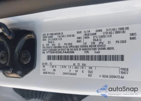 2020 Ford F-150 Lariat z USA, uszkodzony, nr VIN 1FTEW1E5XLFA45396